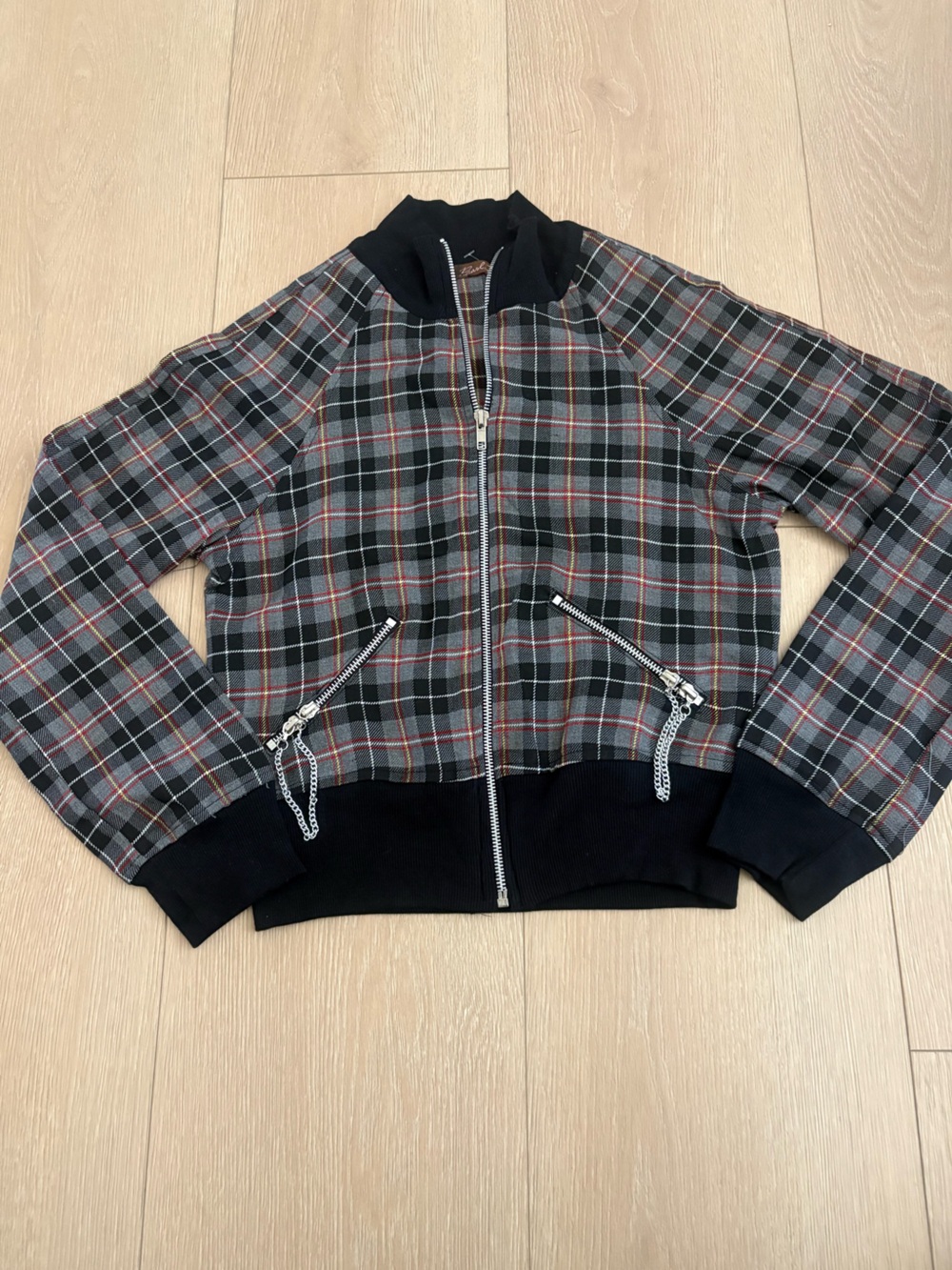 Pearl Black Gray Red Plaid Bomber women Jacket with Chain Zippers